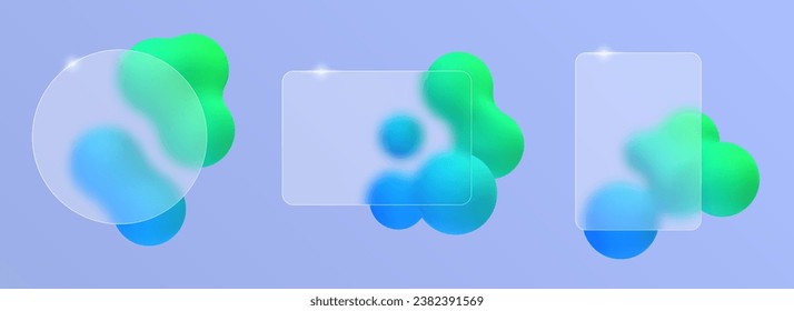 Blur glass effect frame for text or your design. Vector render of cloudy glass with abstract liquid on the background. Set of colored bubbles in the shape of a ball design elements.