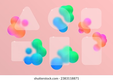 Blur glass effect frame for text or your design. Vector render of cloudy glass with abstract liquid on the background. Set of colored bubbles in the shape of a ball design elements.