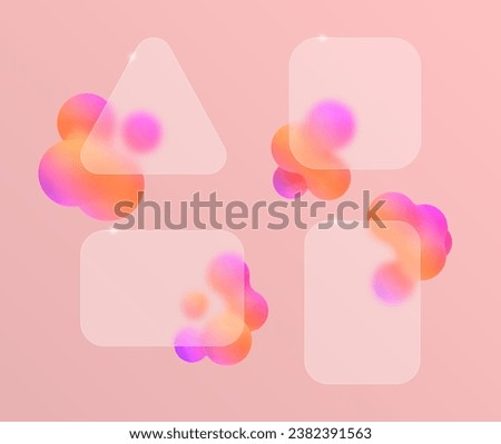 Blur glass effect frame for text or your design. Vector render of cloudy glass with abstract liquid on the background. Set of colored bubbles in the shape of a ball design elements.