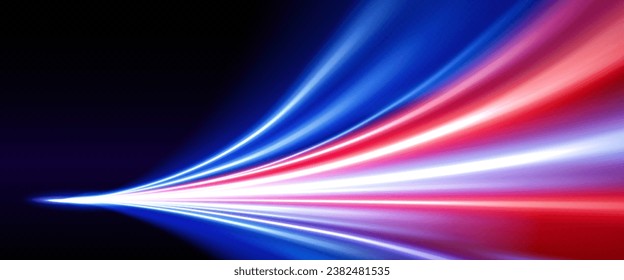 Efecto de desenfoque y brillo de las luces cuando la carrera a alta velocidad. Pista dinámica rosa y azul luminosa de movimiento rápido de la bengala. Ilustración vectorial realista de la energía flash conduciendo sobre fondo negro.