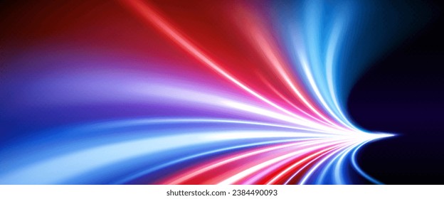 Blur and glow effect of lights when race at high speed. Pink and blue luminous dynamic trail of fast flare movement. Realistic vector illustration of energy flash driving on black background.