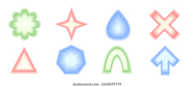 Blur gradient abstract geometric shape set. Y2k retro arrow, drop and cross with flower forms. Colorful heptagon and star icons on white background. Trendy effect blurry textured. Vector illustration.
