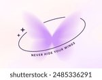 Blur gradient butterfly with line shape and sparkle vector background. Positive text quote design. Soft purple pastel color, minimal trendy style.