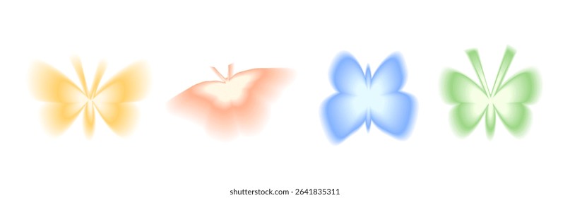 Blur gradient butterfly shape set. Y2k retro flying forms. Colorful butterflies icons on white background. Trendy effect with blurry texture. Vector illustration.
