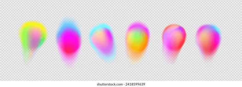 Forma abstracta de círculo gradiente borrosa con gradación del color del fluido sobre fondo transparente. Conjunto vectorial de elementos de malla de forma geométrica suave con efecto borroso. Vibrante pegatina de salpicón iridiscente.