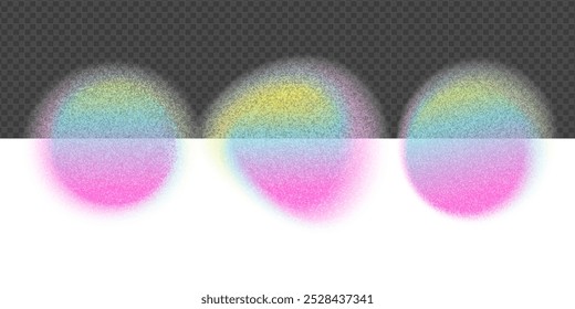 Blur gradient circles set and abstract color gradation. Grain noise on iridescent mesh blob. Holographic bright blend grainy element smear isolated on transparent background. Vibrant dynamic bubble