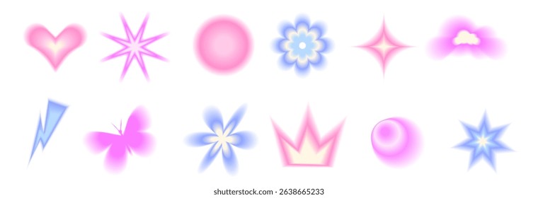 Blur gradient geometric shape set. Y2k retro heart, star and circle with flower. Colorful gradation butterfly, crown icons on white background. Trendy effect with blurry texture. Vector illustration.