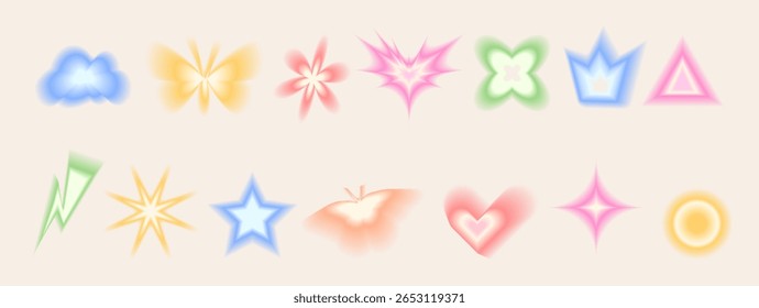 Desfoque o conjunto de formas geométricas de gradiente. Coração retrô Y2k, estrela e círculo com flor. Borboleta colorida de gradação pastel, coroa em fundo bege. Formas texturizadas borradas na moda. Ilustração vetorial.