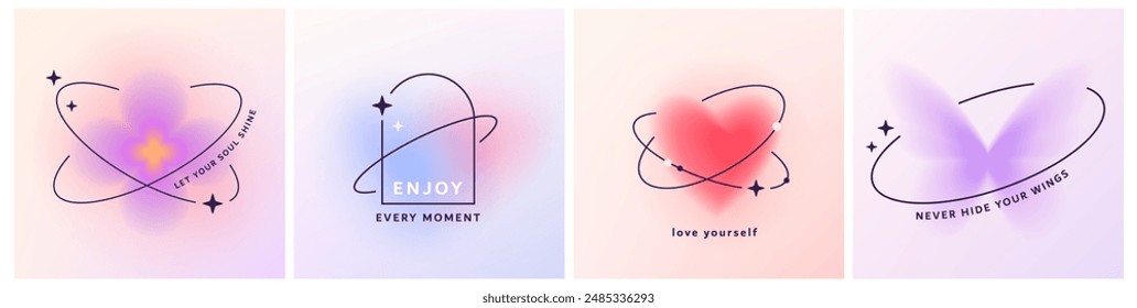 Blur gradient vector background. y2k pastel color banners with heart, flower, arch, butterfly. Minimal aesthetic with gradients, shapes, linear forms and typography. Positive quote text.