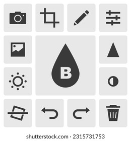 Blur icon vector design. Simple set of photo editor app icons silhouette, solid black icon. Phone application icons concept. Sharpen, blur, crop, brightness, contrast icons. Camera options vector