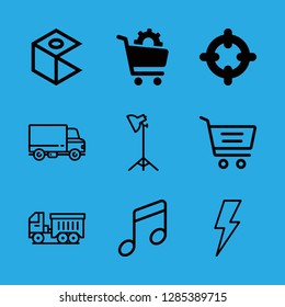 blur icons set with focus with a circle with four lines, shopping cart and flash symbol vector set