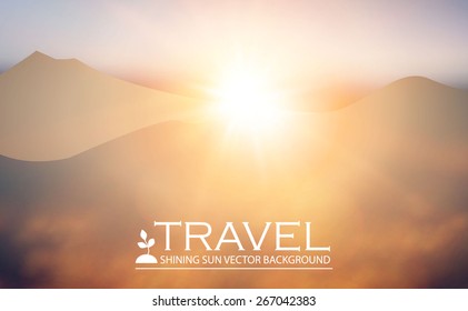 Blur landscape with shining sun & mountains. Vector illustration