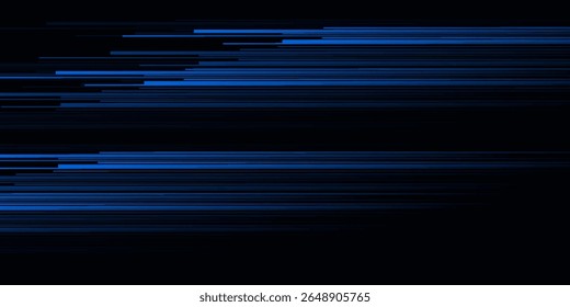 Desfocar raios luminosos. Banner de néon brilhante. Ciberexacerbação. Desfocado ultravioleta azul marinho cor luz linhas movimento em preto escuro fundo abstrato futurista.