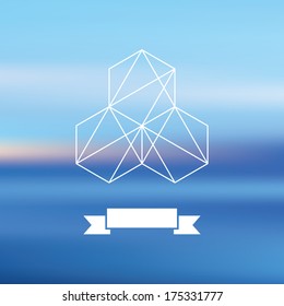 Blur minimalistic web media backdrop. Ribbon badge label over sea background. Vector. Blurred. Unfocused. Vector web and mobile interface template with geometric graphic.