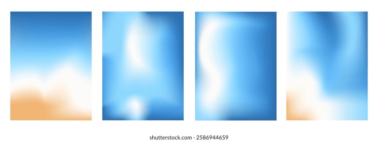 Blur morning sky and coast gradients set. Gradation blue background. Abstract backdrop sea water. Ocean wave. Vector summer calm cover illustration.