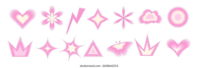 Blur pink pastel grainy gradient shapes set. Y2k retro heart, star and circle, flower. Gradation butterfly, crown icons on white background. Trendy effect with gritty texture. Vector illustration.