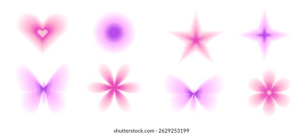 Blur purple gradient geometric shape set. Y2k retro heart, star and circle with flower forms. Coquette pink gradation icons on white background. Trendy effect transparent texture. Vector illustration.