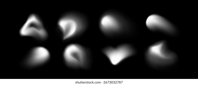 Blur shape blob collection with soft white gradient forms on black background for abstract design and overlay effects. Smooth organic modern elements with diffused blurry edges and glowing spots