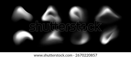 Blur shape blob collection with soft white gradient forms on black background for abstract design and overlay effects. Smooth organic modern elements with diffused blurry edges and glowing spots