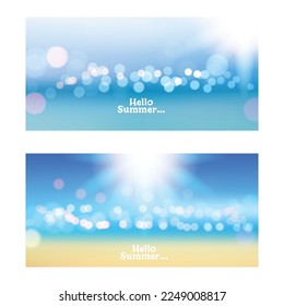 Blur tropical beach with bokeh sun light wave abstract background