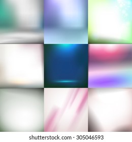 Blur vector studio backgrounds set. Defocused retro design with lighting effects. Abstract web banners collection.