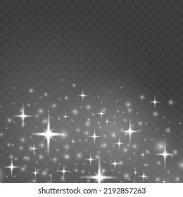 Blur white sparks and glitter special light effect. Fine, shiny bokeh dust particles fall off slightly. Defocused silver sparkle, stars and blurry spots. Magical effect of flickering lights. Vector.