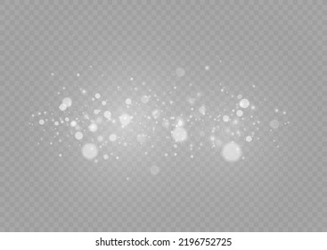 Blur white sparks and glitter special light effect. Fine, shiny bokeh dust particles fall off slightly. Defocused silver sparkle, stars and blurry spots. Magical effect of flickering lights. Vector.