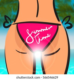 Blured bokeh background. Summer Time lettering poster card. Slim sexy comic girl woman bathing suit pink panties from back looking sea. Vector illustration palm leaf, sea coast. Hello summer card.