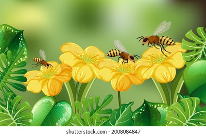 Blured nature background with many bees illustration