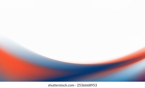 Un fondo abstracto y borroso con una suave curva con una transición de degradado de azul a naranja, que se desvanece en el espacio blanco.