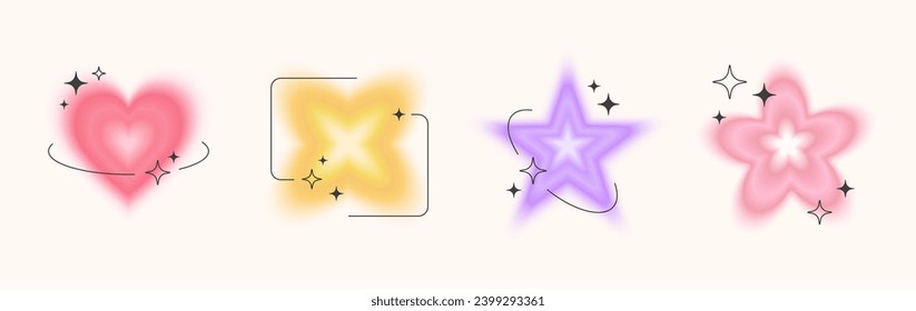 Blurred abstract shape set with black thin frames, Y2K retro art, gradient glowing figures, stickers, decorations, buttons. Vector illustration.	