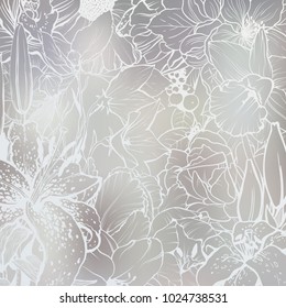Blurred abstract silver background with a floral design linear pattern. Vector nature illustration