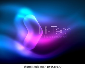 Blurred arrows in dark space. Neon pointers, glass glossy design, abstract shiny techno background, web banner, vector illustration