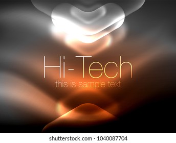 Flechas borrosas en el espacio oscuro. Pentadores de neón, diseño brillante de vidrio, fondo tecno resplandeciente abstracto, banner web, ilustración vectorial