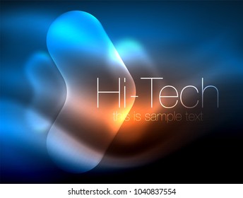 Blurred arrows in dark space. Neon pointers, glass glossy design, abstract shiny techno background, web banner, vector illustration