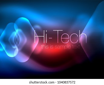 Blurred arrows in dark space. Neon pointers, glass glossy design, abstract shiny techno background, web banner, vector illustration