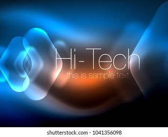 Flechas borrosas en el espacio oscuro. Pentadores de neón, diseño brillante de vidrio, fondo tecno resplandeciente abstracto, banner web, ilustración vectorial