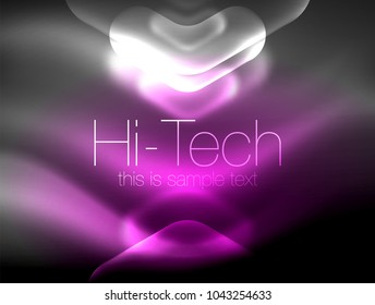 Blurred arrows in dark space. Neon pointers, glass glossy design, abstract shiny techno background, web banner, vector illustration