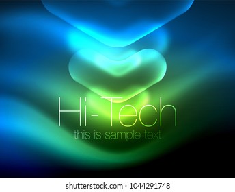 Flechas borrosas en el espacio oscuro. Pentadores de neón, diseño brillante de vidrio, fondo tecno resplandeciente abstracto, banner web, ilustración vectorial