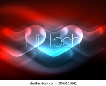Flechas borrosas en el espacio oscuro. Pentadores de neón, diseño brillante de vidrio, fondo tecno resplandeciente abstracto, banner web, ilustración vectorial