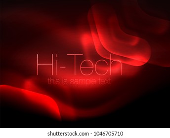 Blurred arrows in dark space. Neon pointers, glass glossy design, abstract shiny techno background, web banner, vector illustration