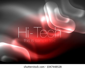 Blurred arrows in dark space. Neon pointers, glass glossy design, abstract shiny techno background, web banner, vector illustration