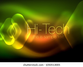 Blurred arrows in dark space. Neon pointers, glass glossy design, abstract shiny techno background, web banner, vector illustration