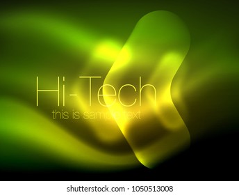 Blurred arrows in dark space. Neon pointers, glass glossy design, abstract shiny techno background, web banner, vector illustration