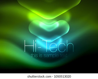 Blurred arrows in dark space. Neon pointers, glass glossy design, abstract shiny techno background, web banner, vector illustration