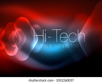 Blurred arrows in dark space. Neon pointers, glass glossy design, abstract shiny techno background, web banner, vector illustration