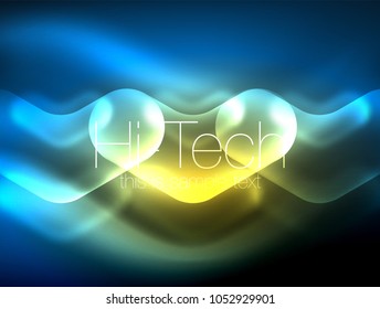 Blurred arrows in dark space. Neon pointers, glass glossy design, abstract shiny techno background, web banner, vector illustration