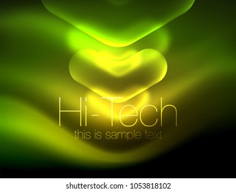 Flechas borrosas en el espacio oscuro. Pentadores de neón, diseño brillante de vidrio, fondo tecno resplandeciente abstracto, banner web, ilustración vectorial