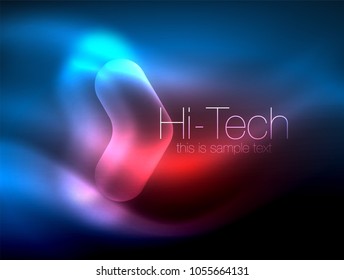 Blurred arrows in dark space. Neon pointers, glass glossy design, abstract shiny techno background, web banner, vector illustration