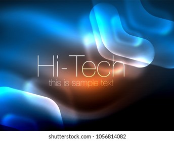 Blurred arrows in dark space. Neon pointers, glass glossy design, abstract shiny techno background, web banner, vector illustration